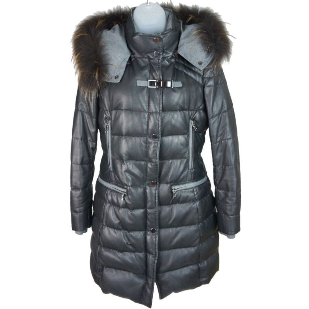 AFG 1972 Black Quilted Leather Fur Hooded Down Puffer Coat Size 36